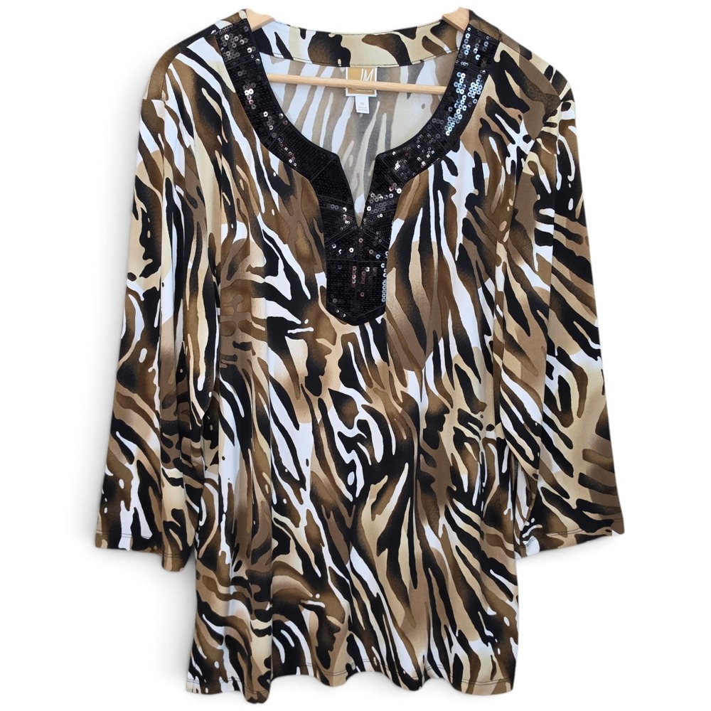 JM Collection Top Womens XL Brown Animal Print Blouse Sequin Split V Neck